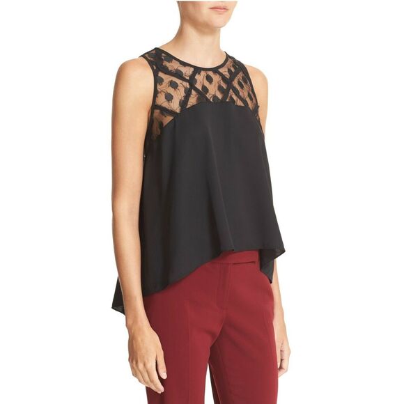MILLY Illusion lace stretch silk trapeze top swing high low black blouse S NEW - Picture 8 of 8